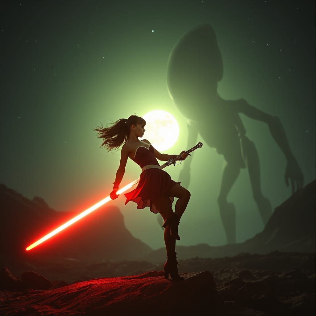 Cyberpunk Superheroine Battles Alien under Full Moon