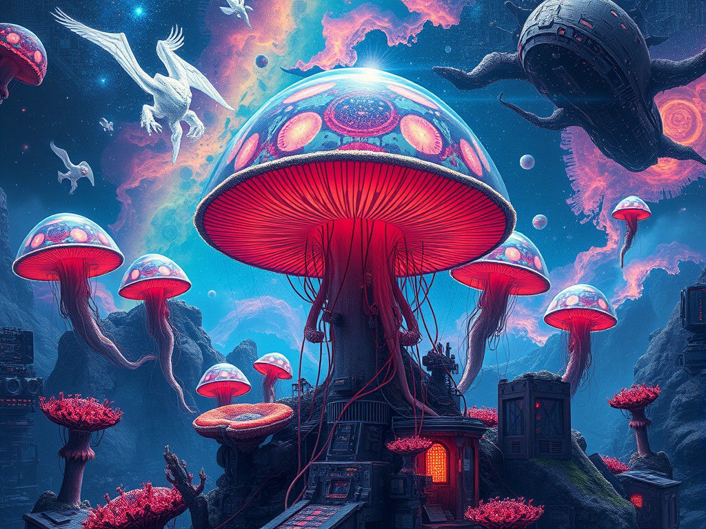 Teslapunk Mushroom City with Jellyfish Nebula