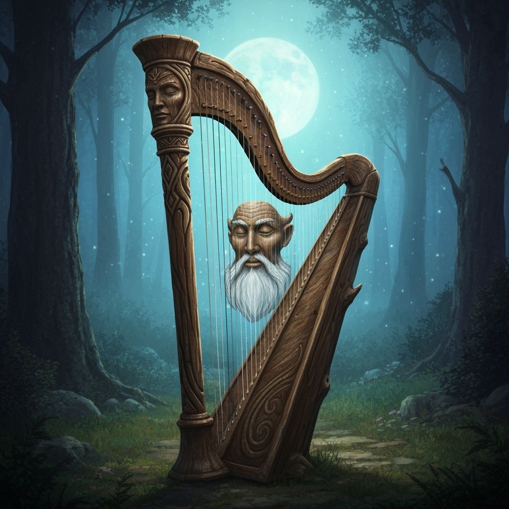 Enchanted Moonwood Harp with Glowing Strings
