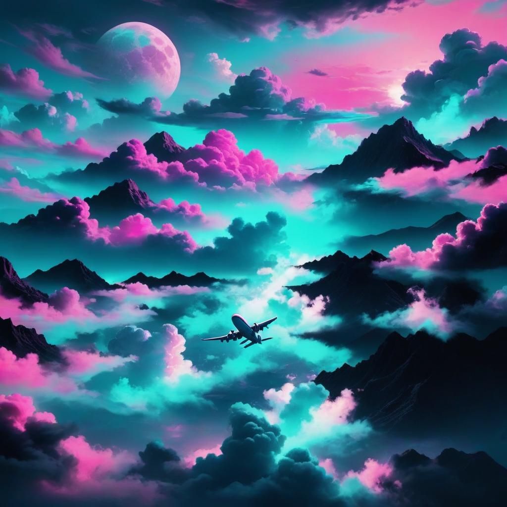Turquoise Airplane Soaring Through Vaporwave Sunset