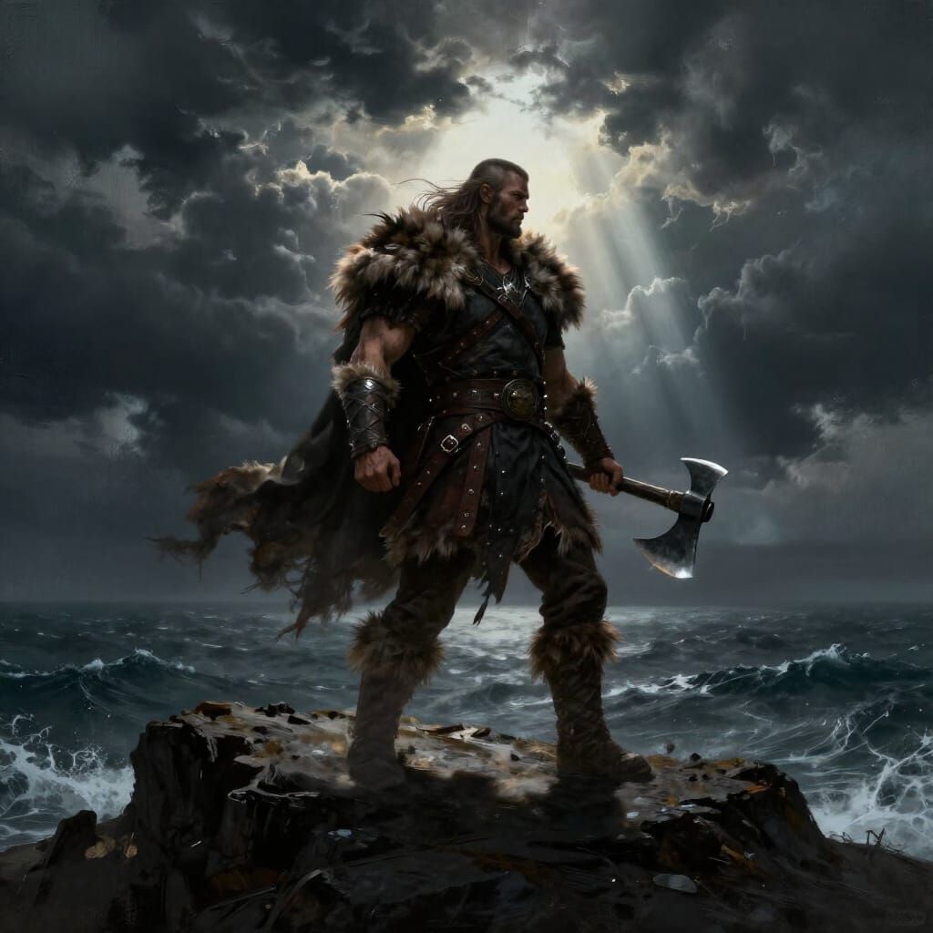 Fierce Viking Warrior with Axe on Stormy Cliff