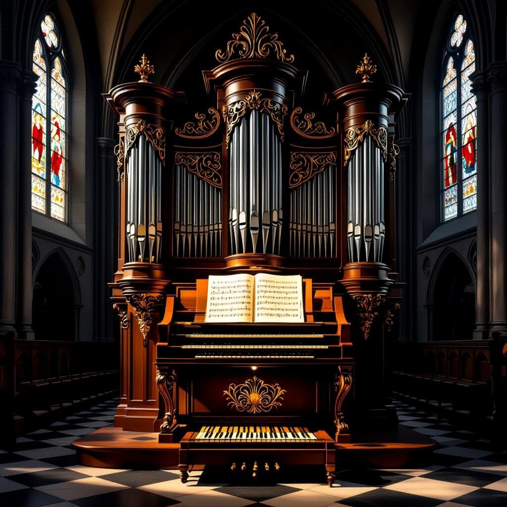 Intricate Pipe Organ in Dramatic Cathedral Light