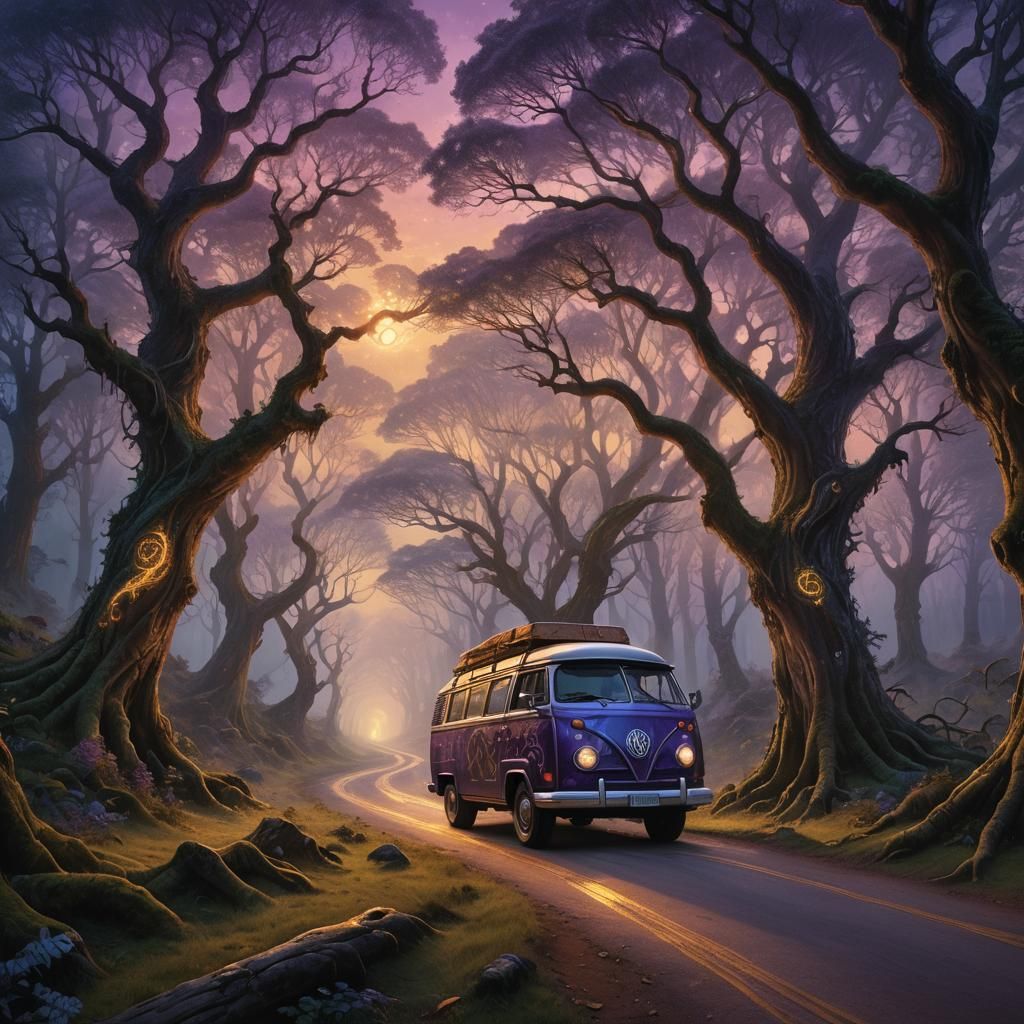 Mystical Forest Campervan in Fantasy Art Style