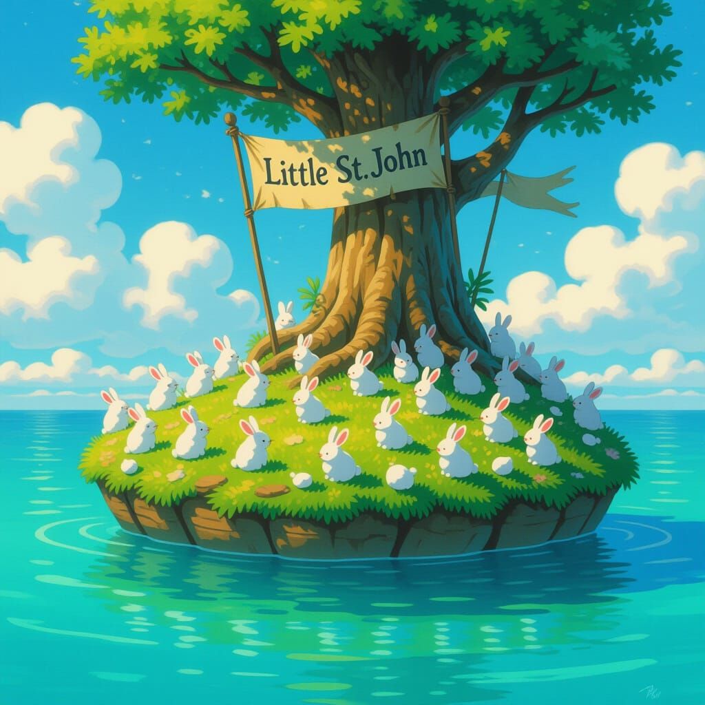 Whimsical Floating Island of Rabbits with "Little St.John" B...