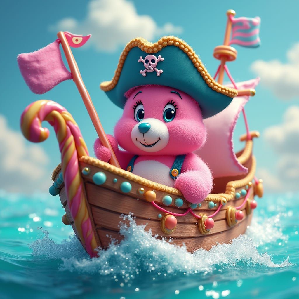 Care Bear Pirate Sailing a Candy Ship