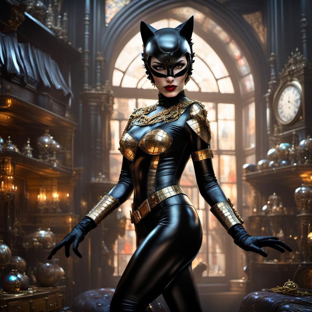 Goth Catwoman in Opulent Bedroom, 80s Style
