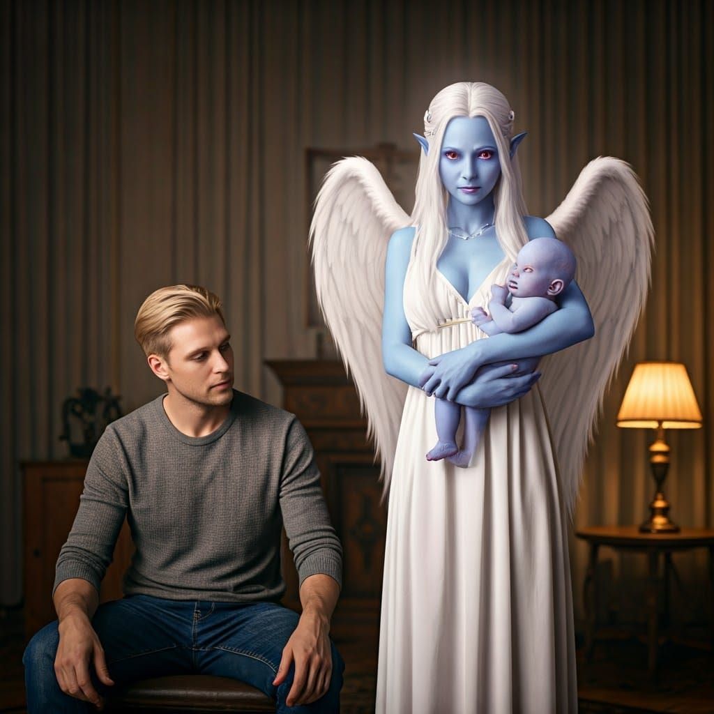 Hyperrealistic Angel Woman with Hybrid Baby