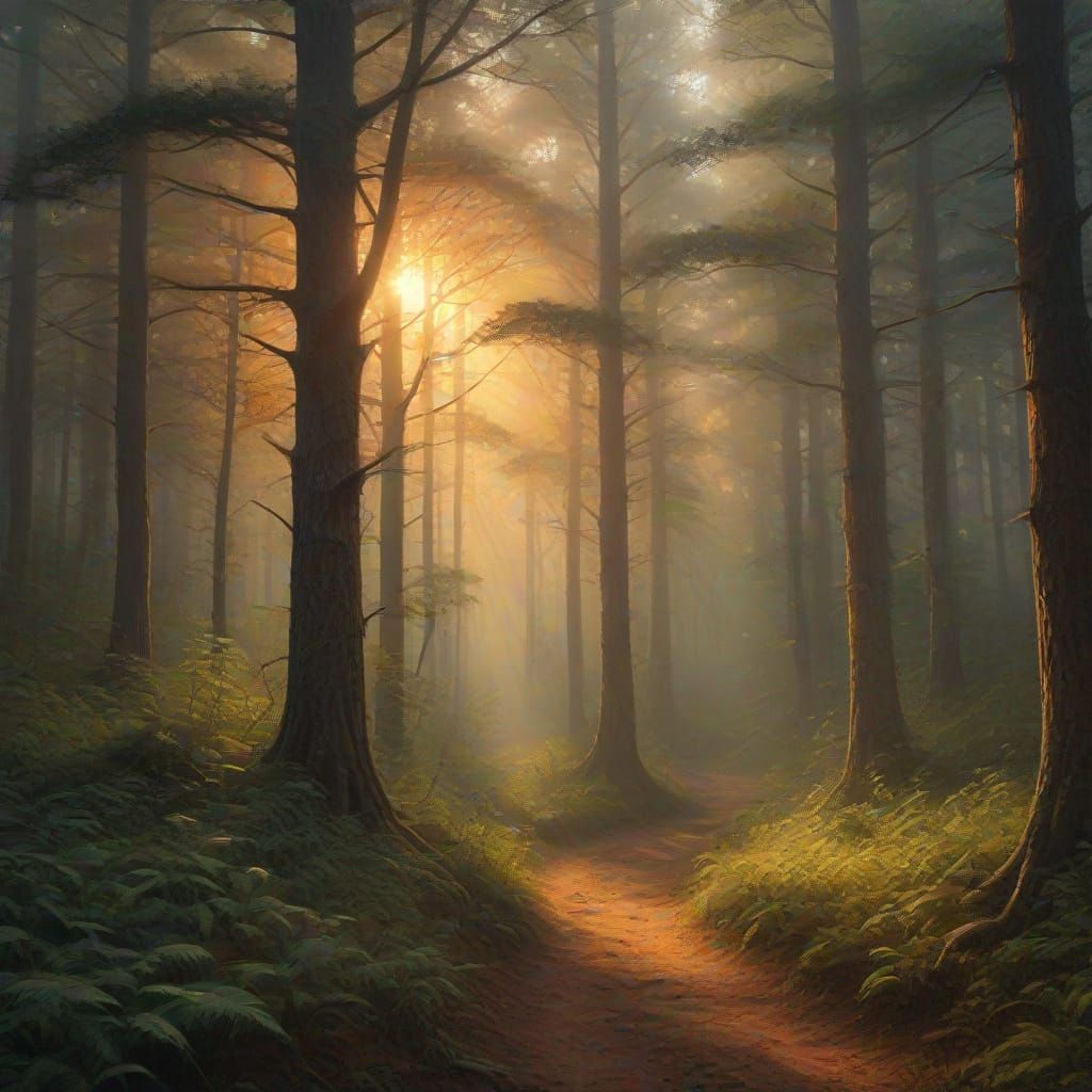 Misty Ancient Forest Path in Ethereal Sunlight