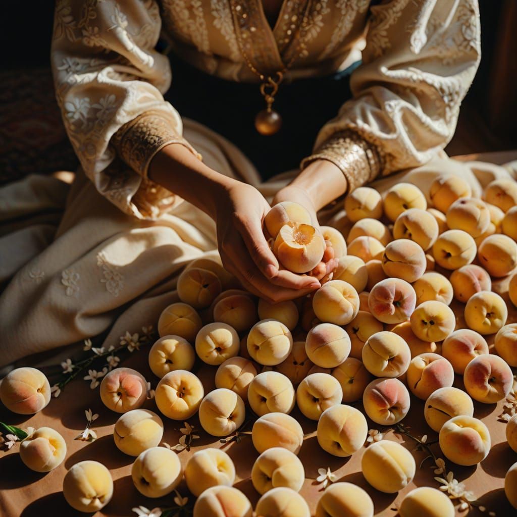 Ethereal 35mm Film Still with Delicate White Peaches and Amb...