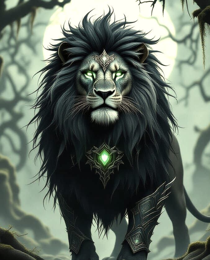 Majestic Obsidian Lion in Overgrown Forest