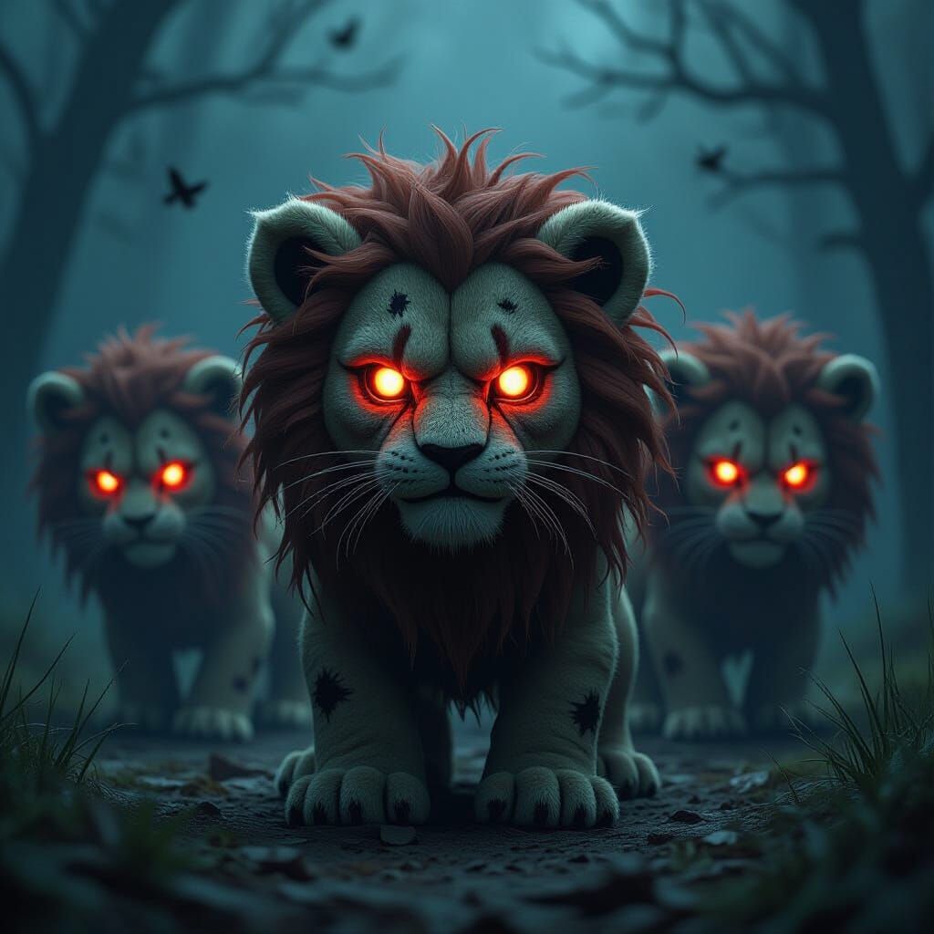 Menacing Stuffed Lions with Glowing Eyes in Dark Fantasy Sty...