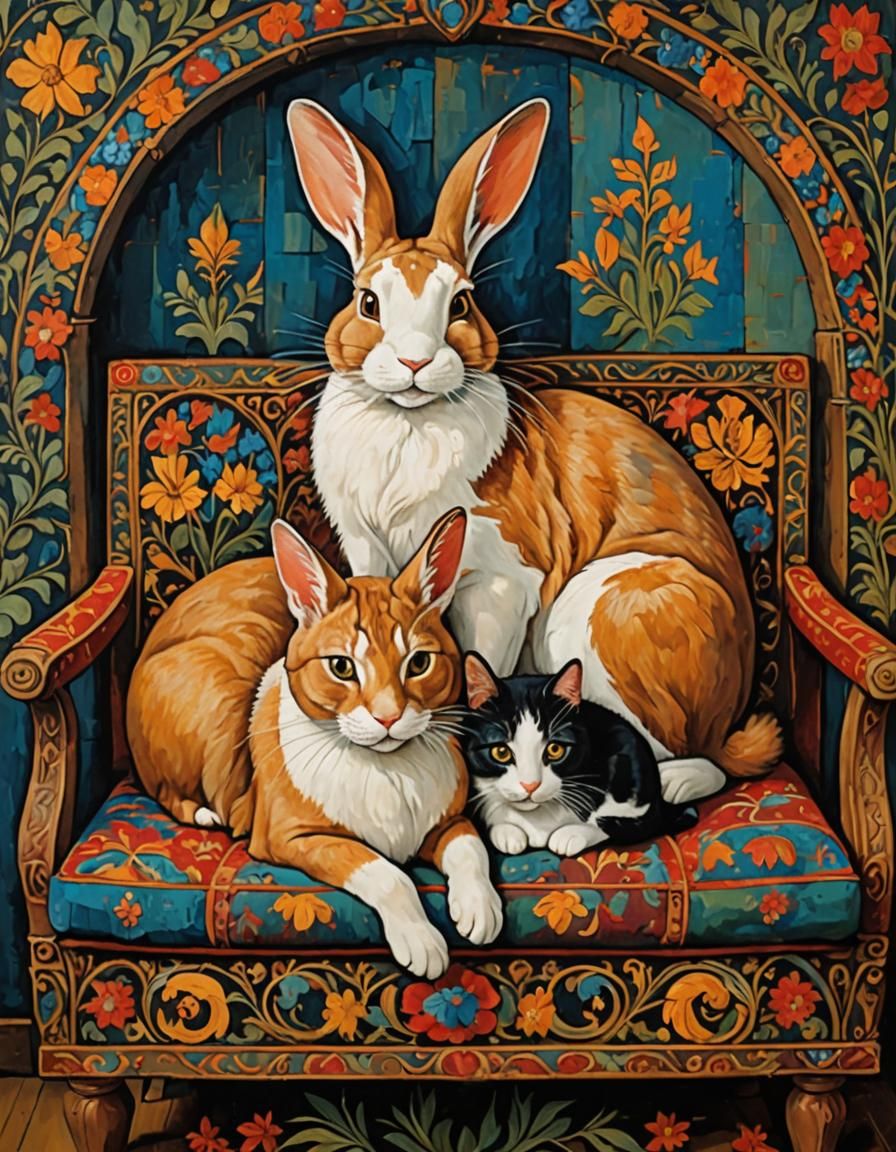 Two cats and a rabbit on a couch
