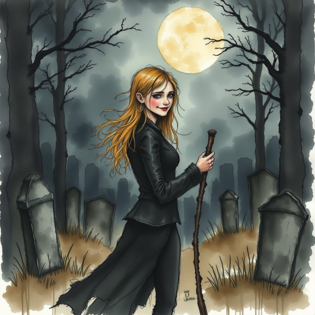 Buffy Summers Stands Ready in Moonlit Graveyard, Wooden Stak...