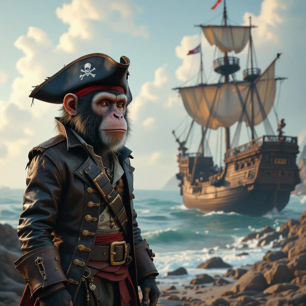 Monkey Pirate on Coastline as Matte Painting