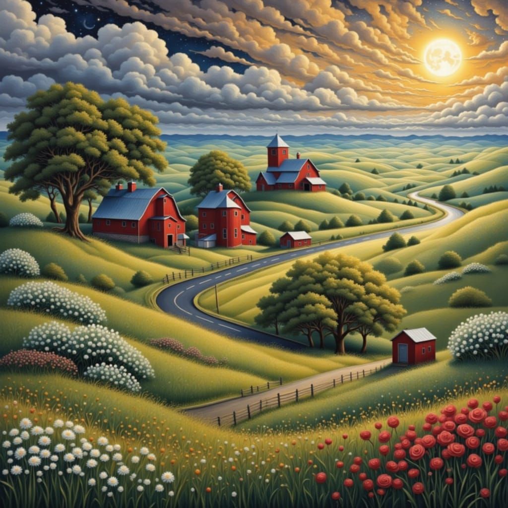 Prairie Night Drive Under Full Moon, Americana Style