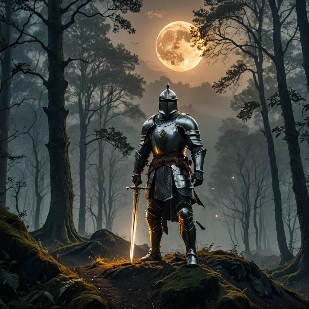 Mythical Knight in Misty Forest, 3D Render
