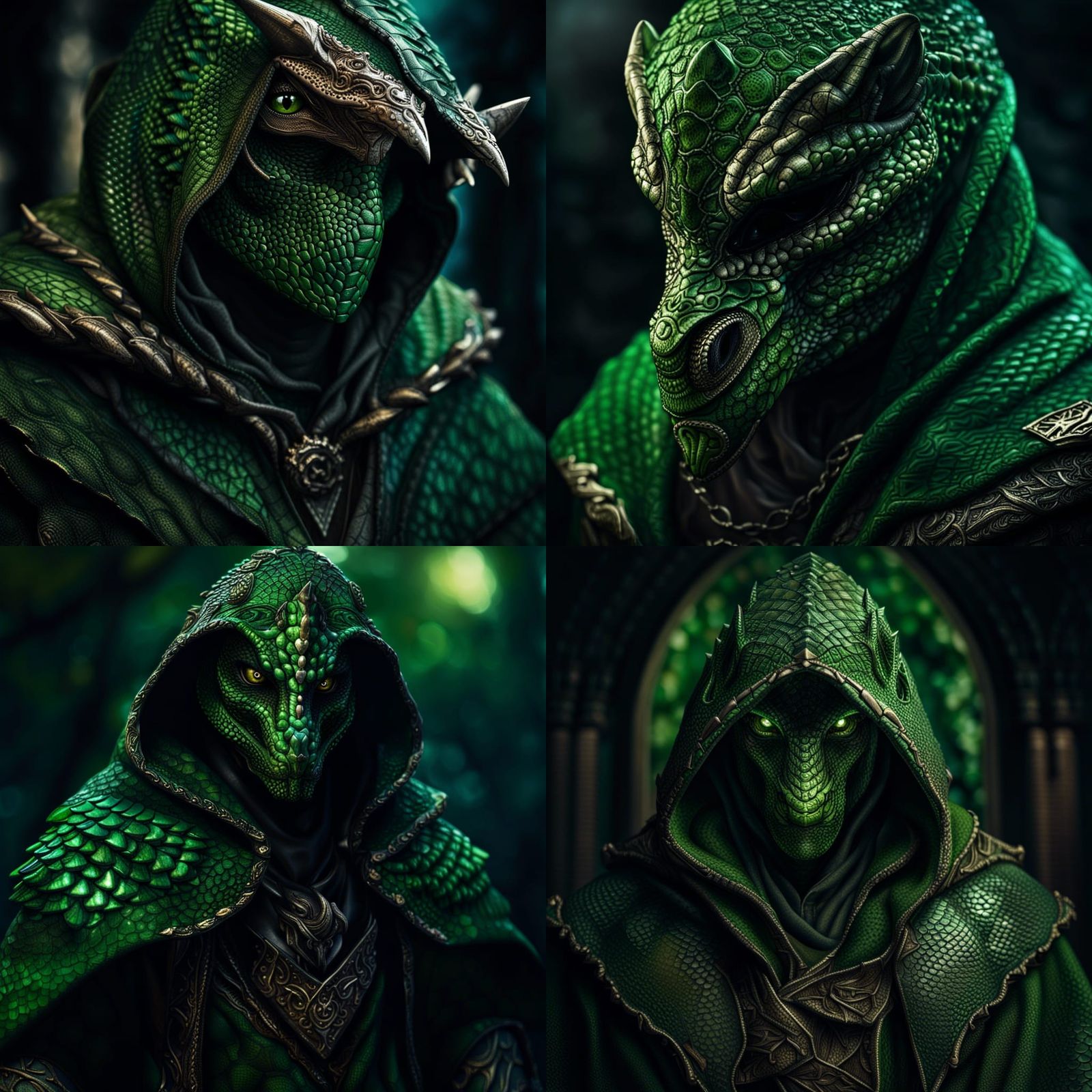 Green Scaled Dragonborn Rogue with Hooded Cloak