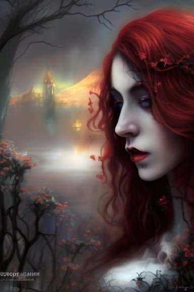 Red-Haired Vampire Necromancer in Fantasy Art Style