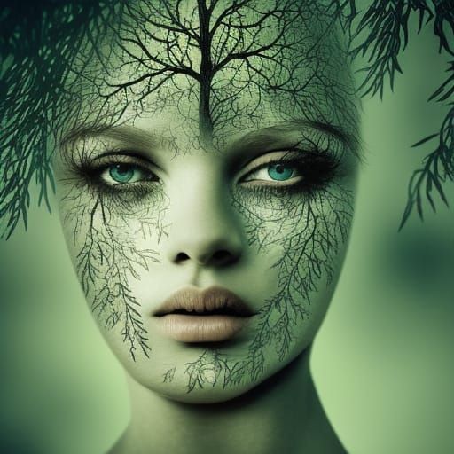 Tree Woman with Leaf Hair in Brutalist Style