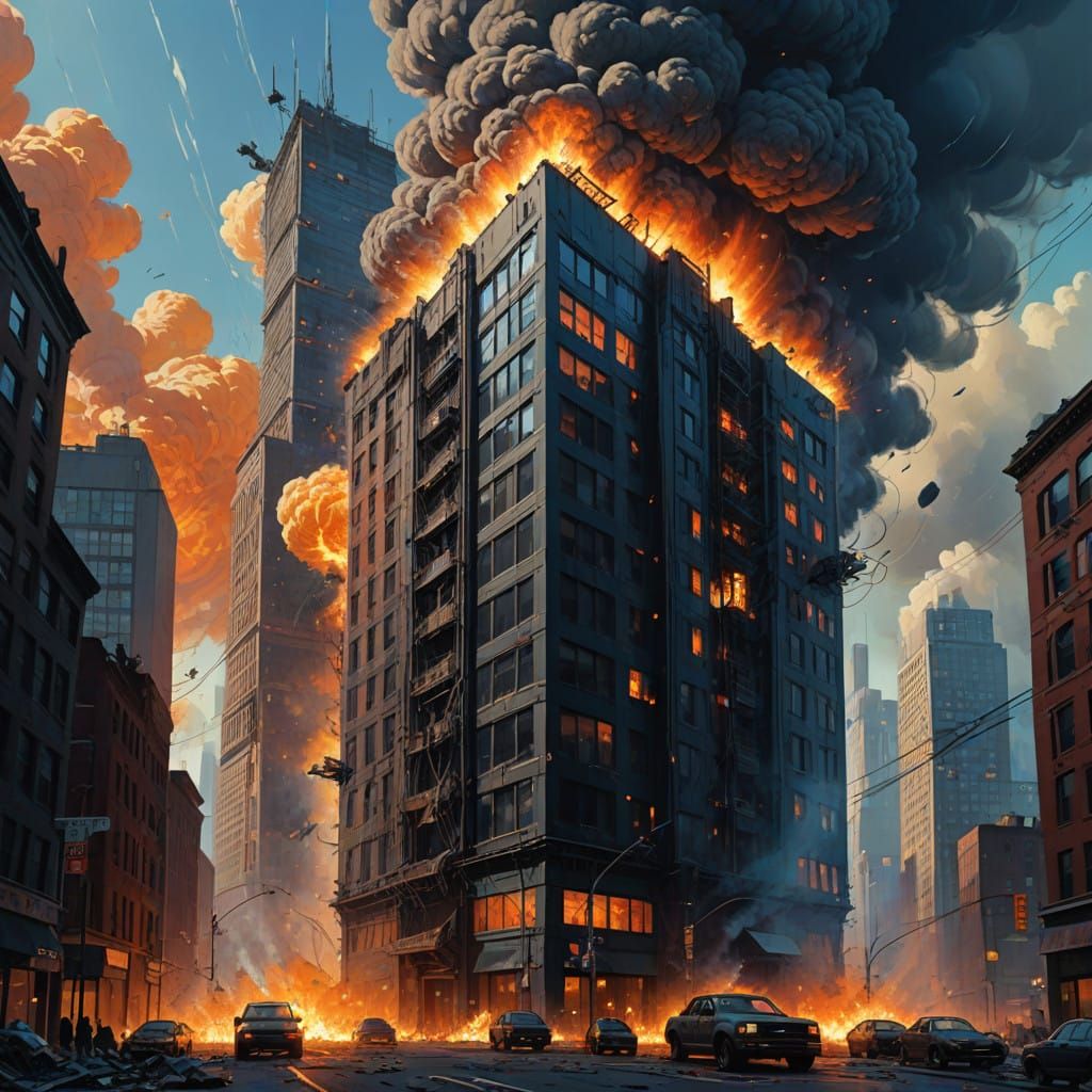Dramatic Skyscraper Explosion in Cinematic Style