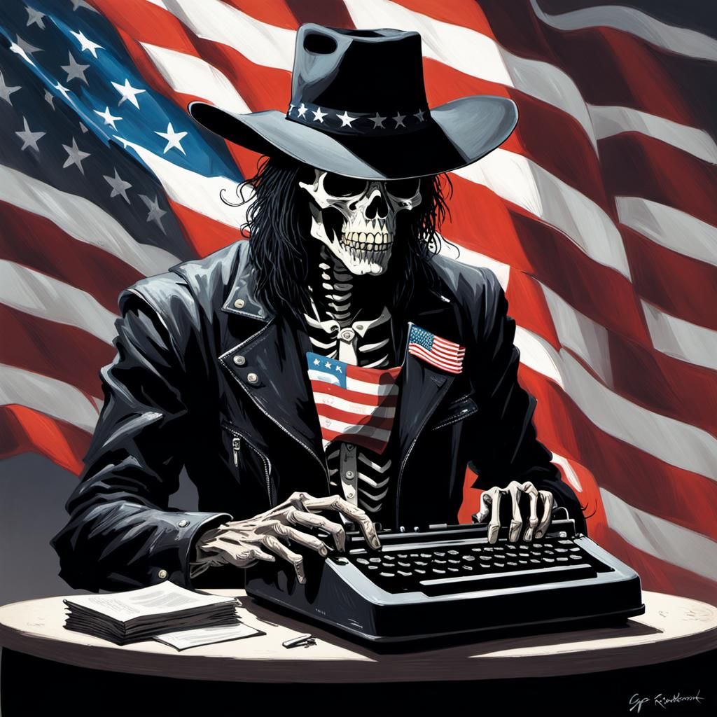 Skeletal Cowboy Tormented by Typewriter in Dark American Lan...