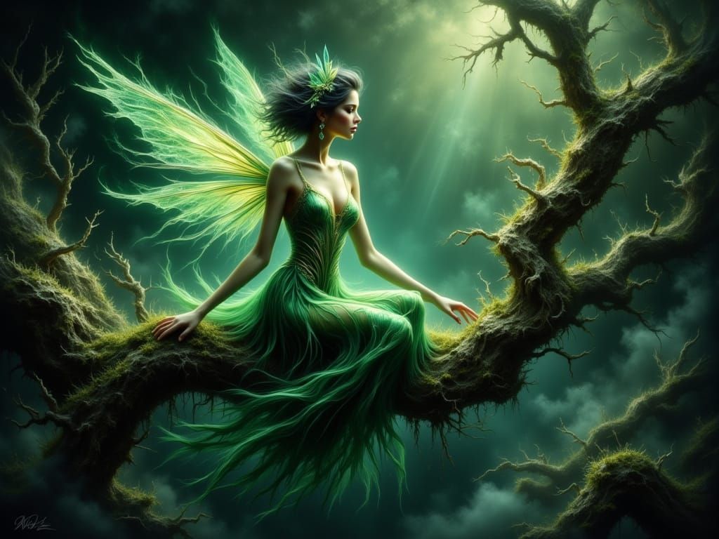 Whispering Forest Fairy in Ancient Gold and Smokey Grunge St...