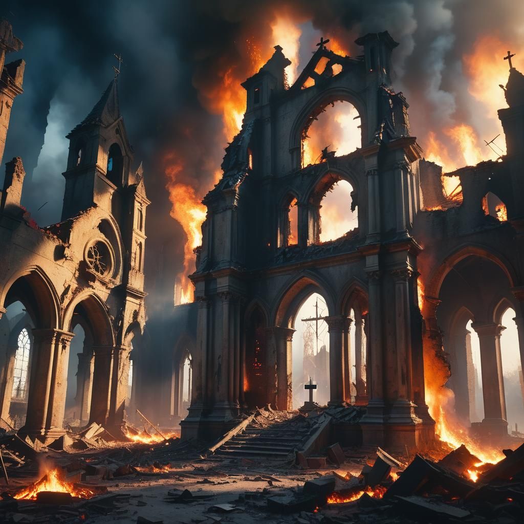Ruined Church with Shining Cross: Cinematic Digital Painting