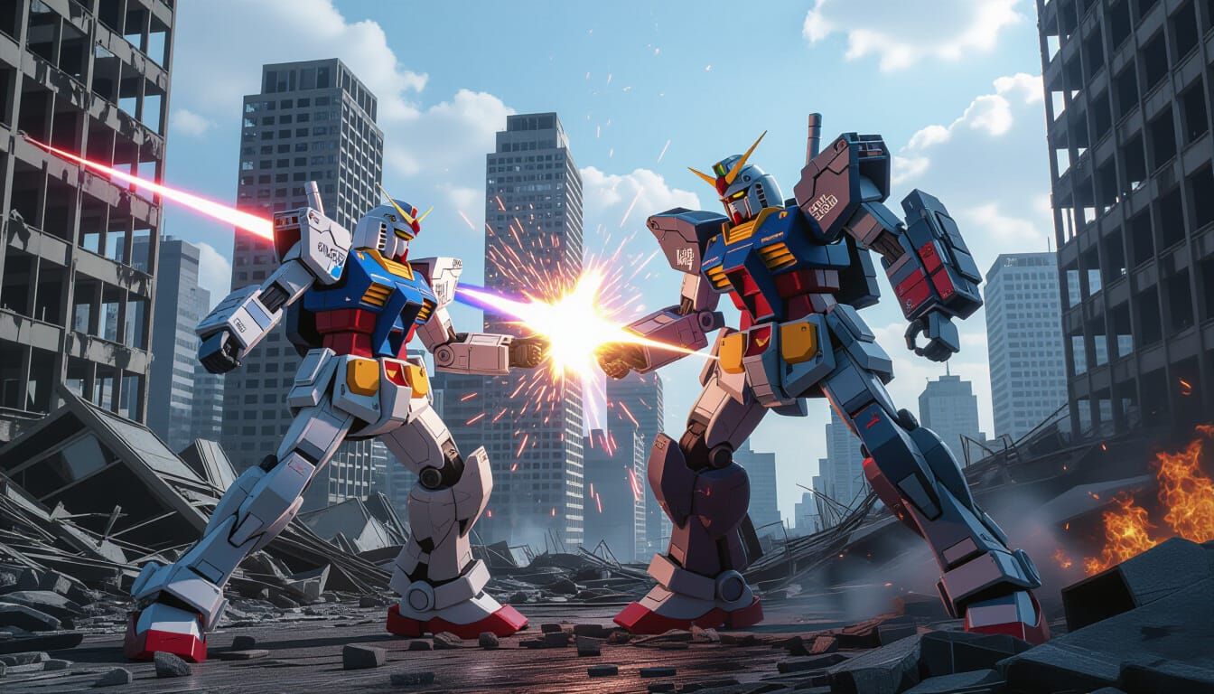 Mecha Battle in a Ruined Cyberpunk City