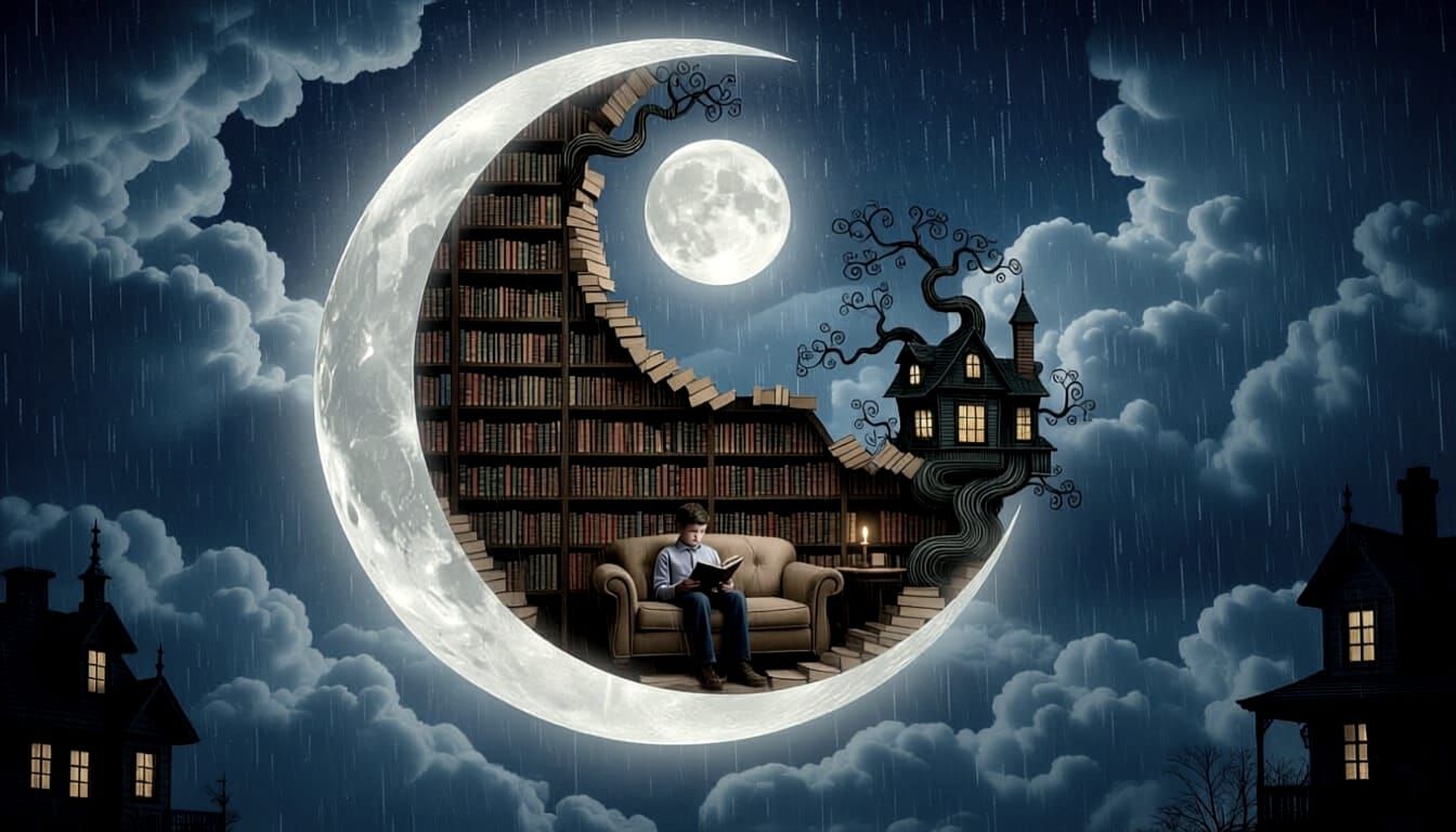 Surreal Moon Library with Reading Boy in Stormy Night