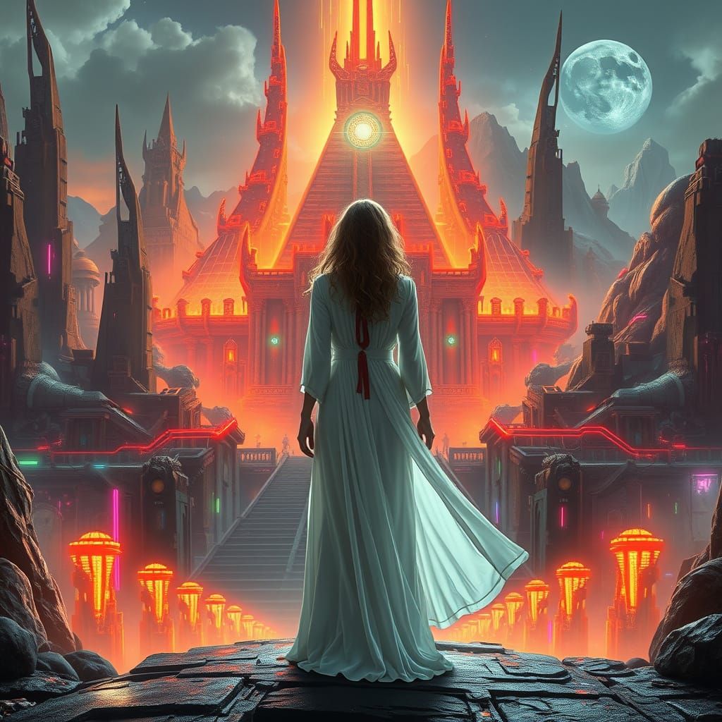 Cyberpunk Goddess at Temple Intersection