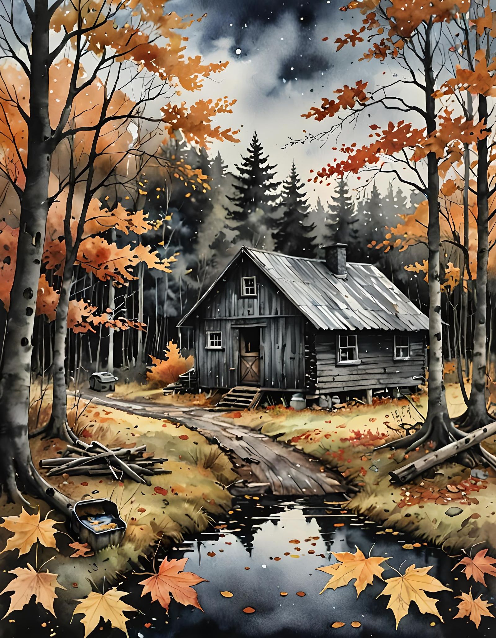 Forgotten Maple Shack Amidst Autumn Wilderness