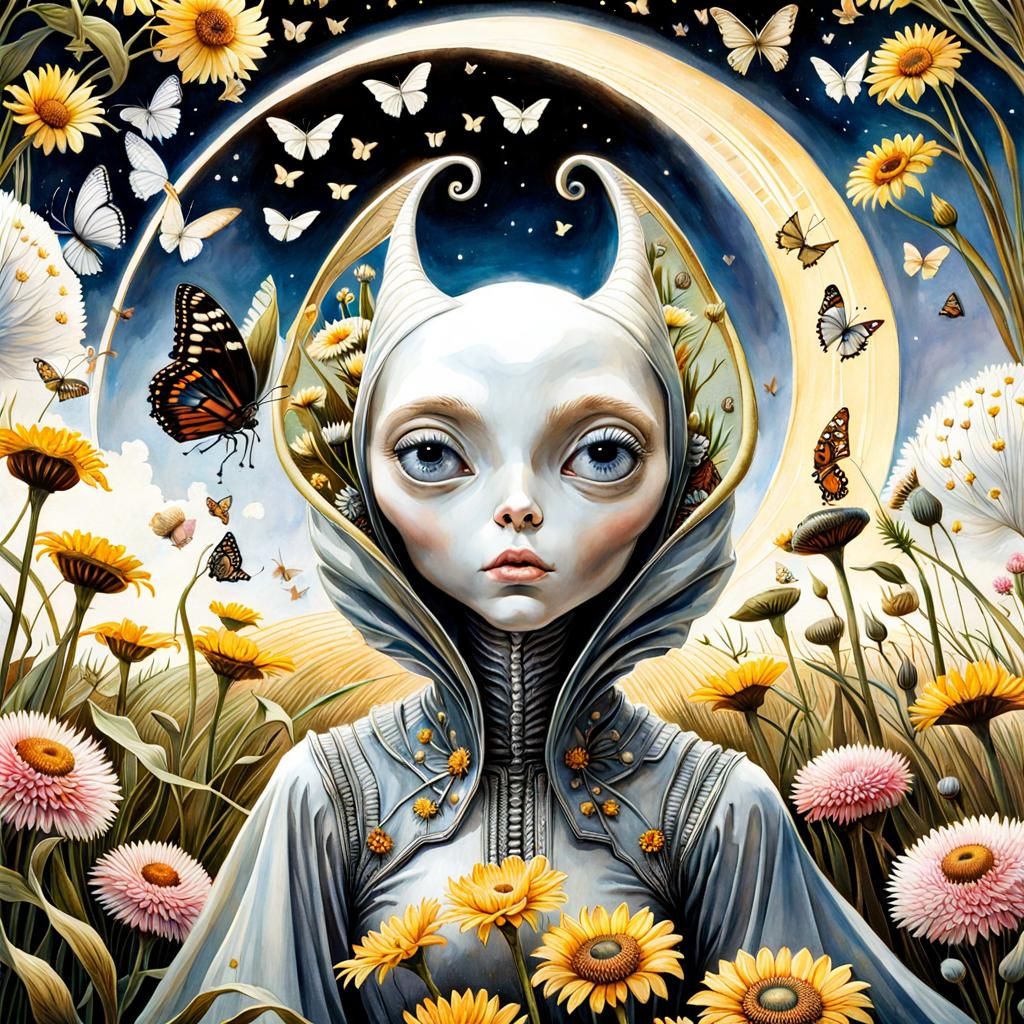 Watercolor Alien in Floral Field