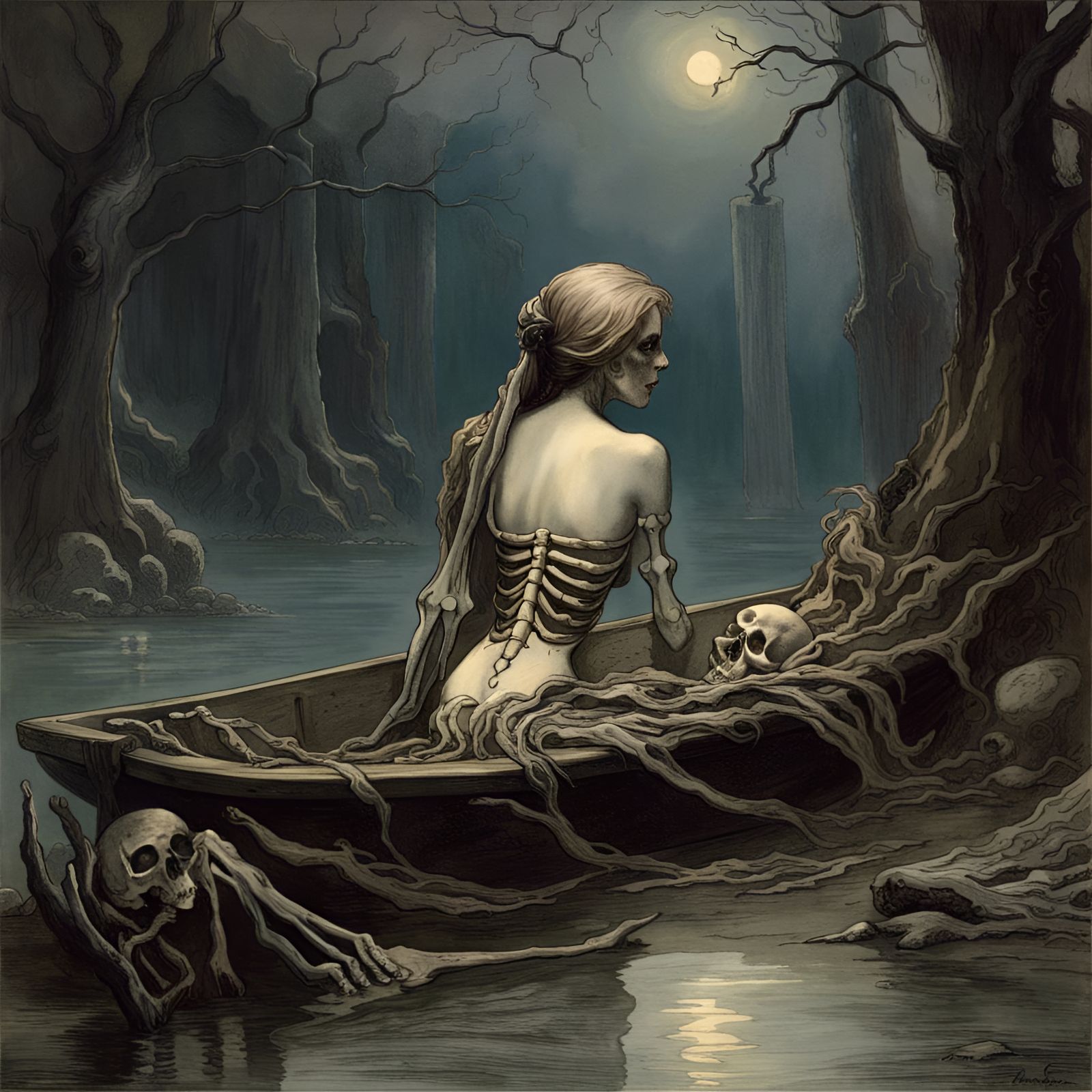 Eerie Lake Woman with Skeleton and Decaying Flesh