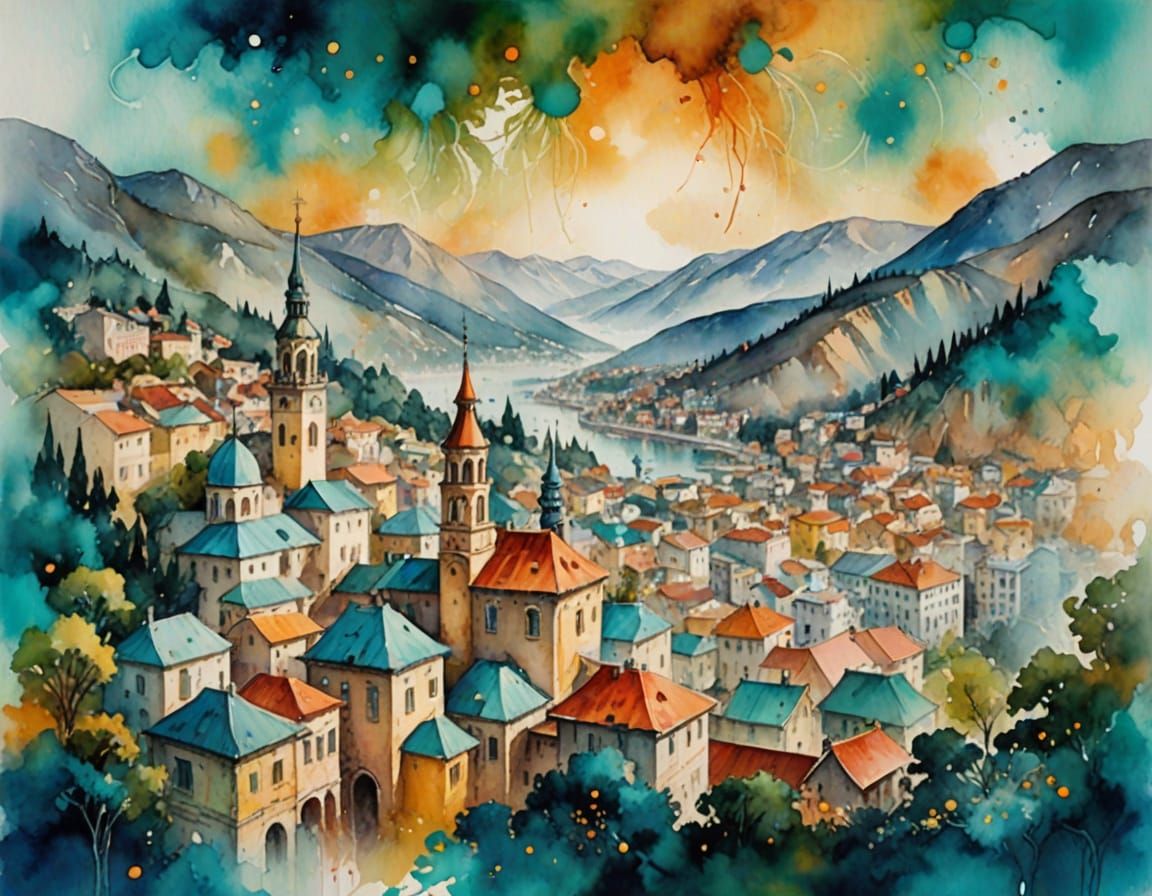 Golden Yalta Cityscape in Whimsical Abstract Style