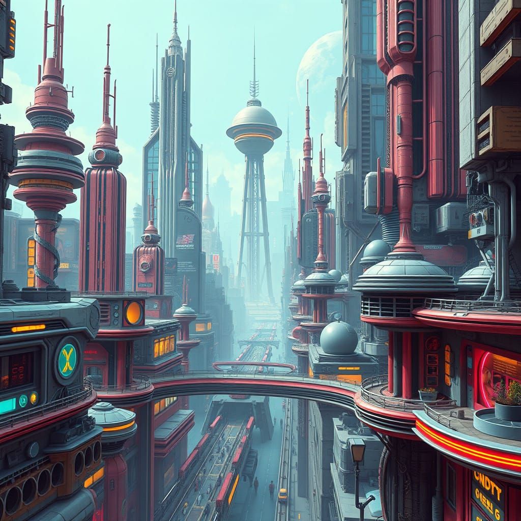 Retrofuturistic Cityscape of 2025 in Vibrant Colors