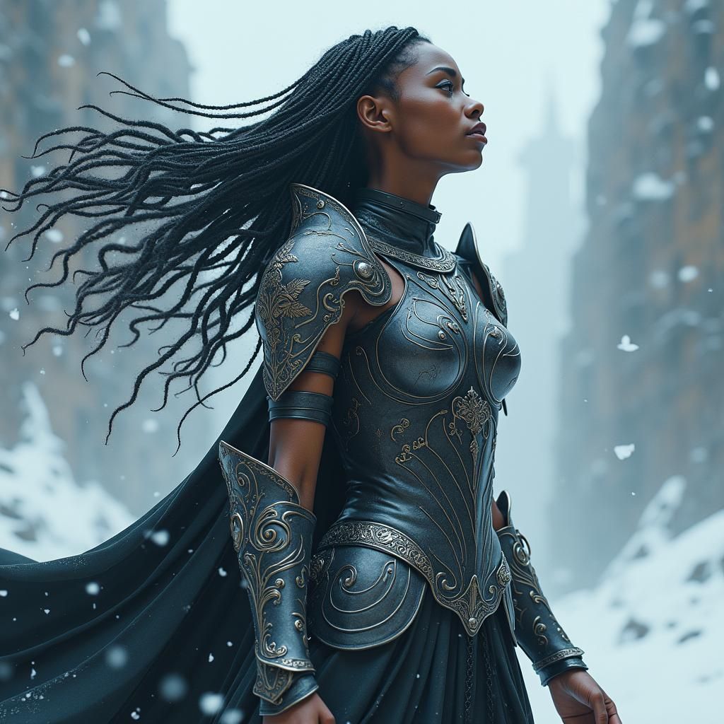 Armored Woman Conjures Blizzard: Dark Fantasy Concept Art
