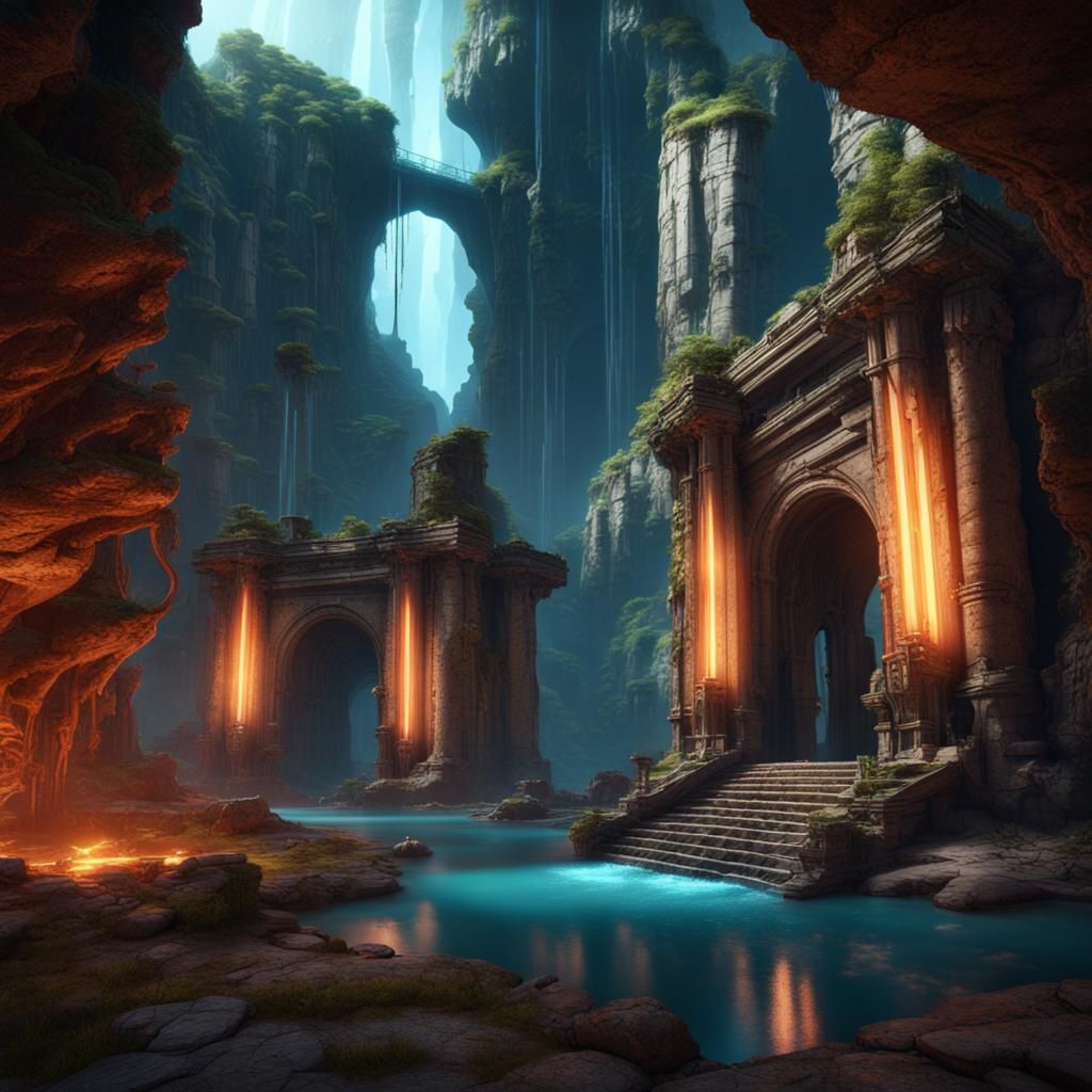Futuristic Ancient Ruins with Glowing Waterfalls