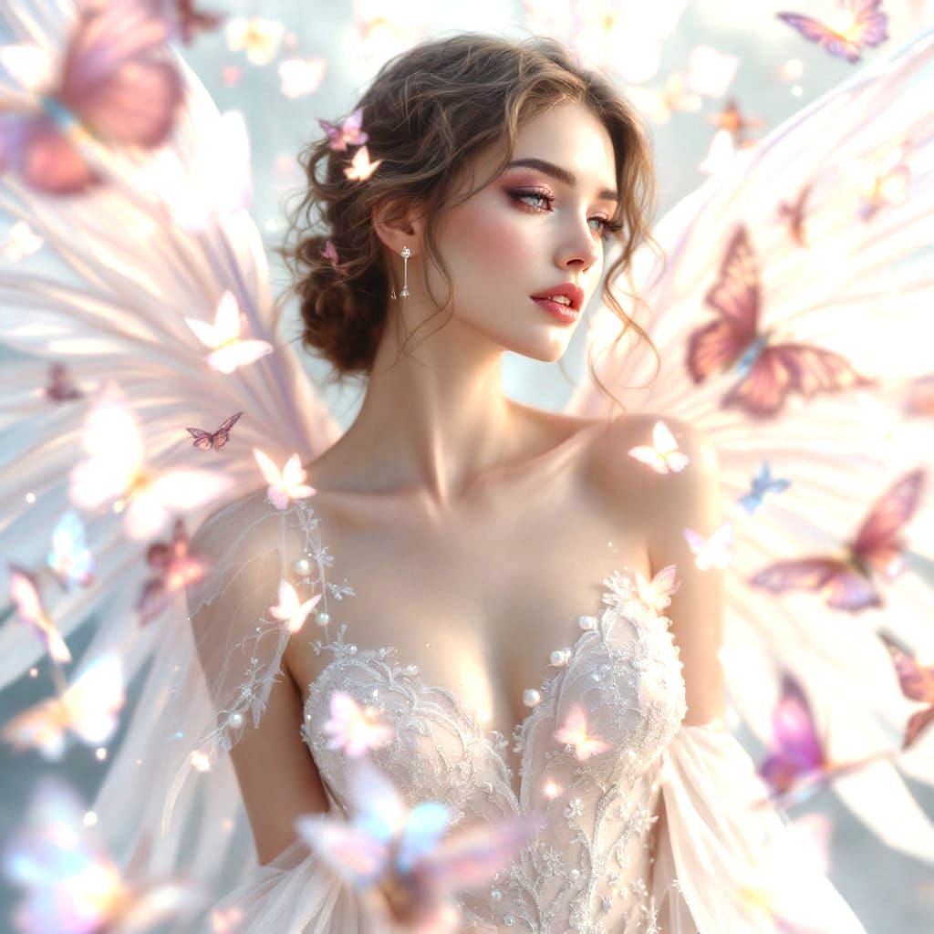 Surreal Portrait of a Serene Woman with Wings and Butterflie...