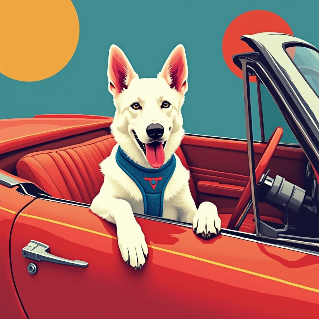 Pop Art White Shepherd in Red Cabriolet