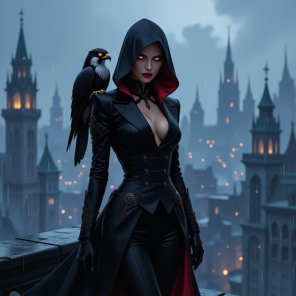 Mysterious Assassin on Gothic Rooftop in Art Nouveau Style