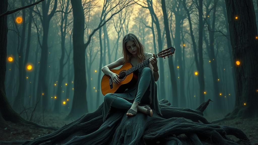Ethereal Forest Scene with Guitarist, Surreal Digital Art