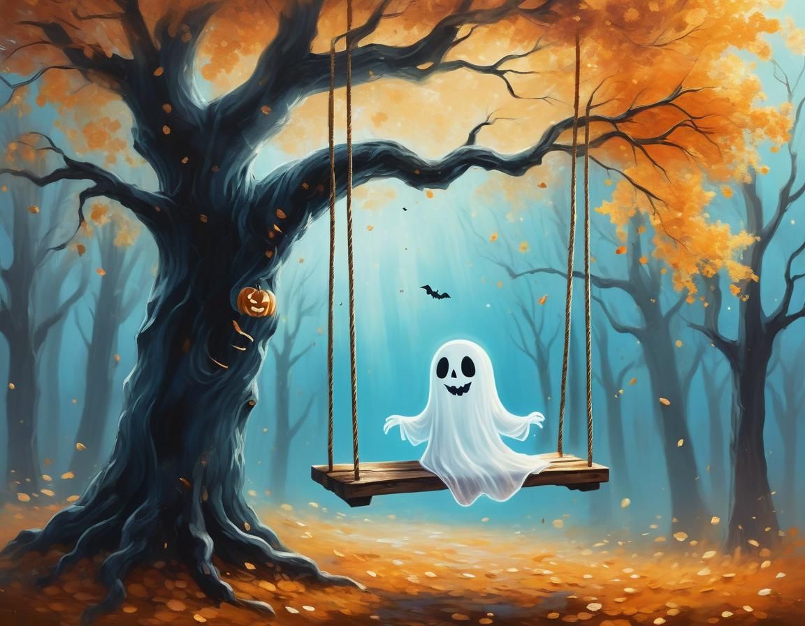 Cute Halloween Ghost on a Swing: Oil Painting