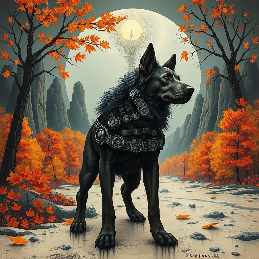 Dystopian Autumn Dog in Art Deco Style