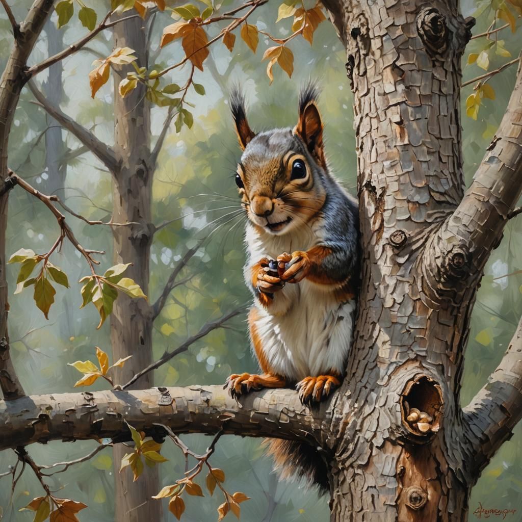Squirrel Eating Nut: Oil Painting by James Gurney