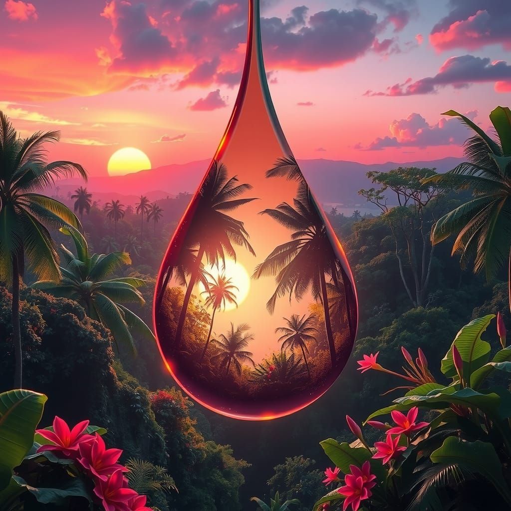 Lush Tropical Forest in Glowing Teardrop at Sunset