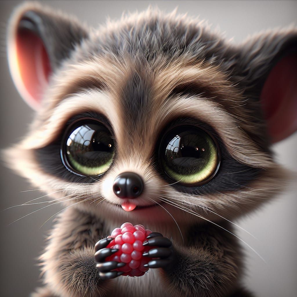 Adorable Raccoon-Mouse Hybrid Creature with Raspberry