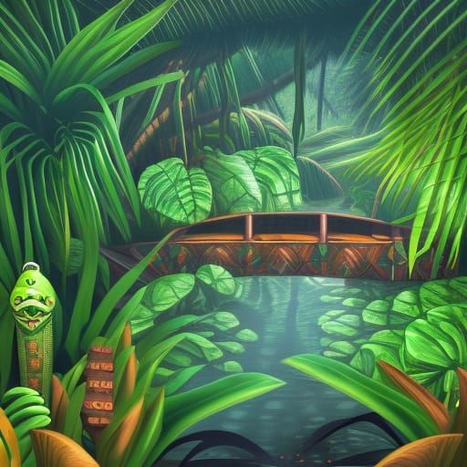 Swamp Game Level with Tiki Hut, Pablo Amaringo Style