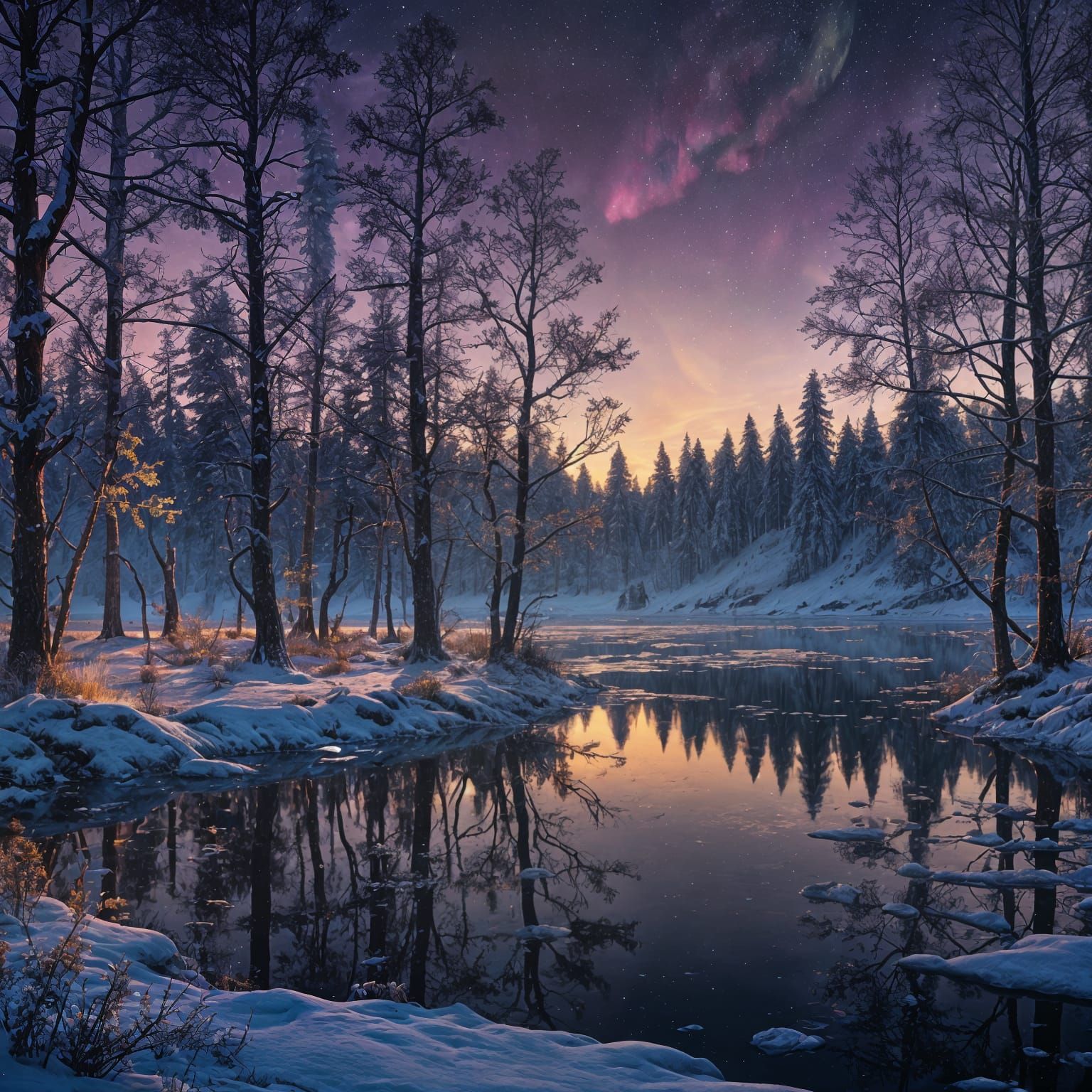Aurora Borealis Over Frozen Lake: Fantasy Art