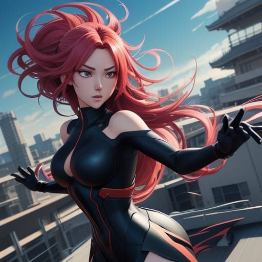 Manga-Style Woman on Rooftop with Dynamic Cel-Shading