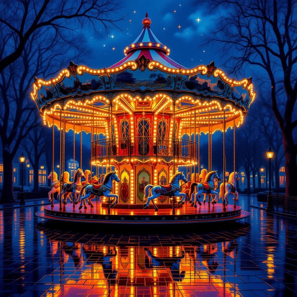 Magical Carousel Aglow at Night - Fantasy Illustration Style